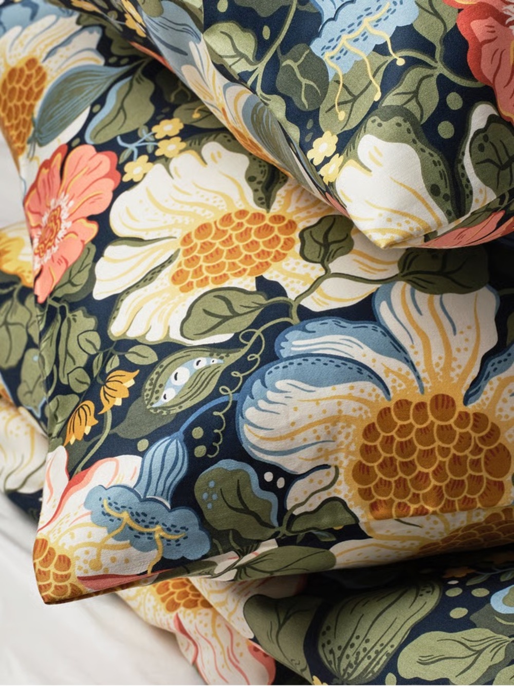 Floral Cotton Pillowcases in Navy with Pink & Cream Blooms